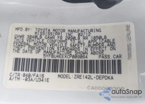 2012 Toyota Corolla L from USA, damaged, VIN 5YFBU4EEXCP009064